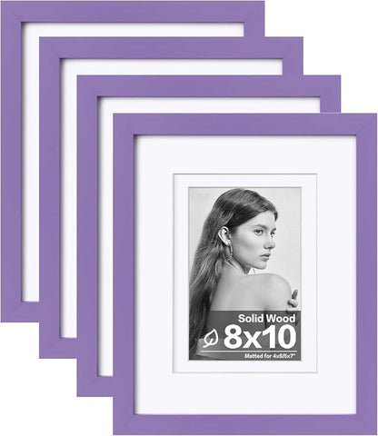 Egofine 8x10 Picture Frames 4PCS, Made of Solid Wood Display 4x6 and 5x7 with Mat Covered by Plexiglass, for Table Top Display and Wall Mounting Photo frame, Purple