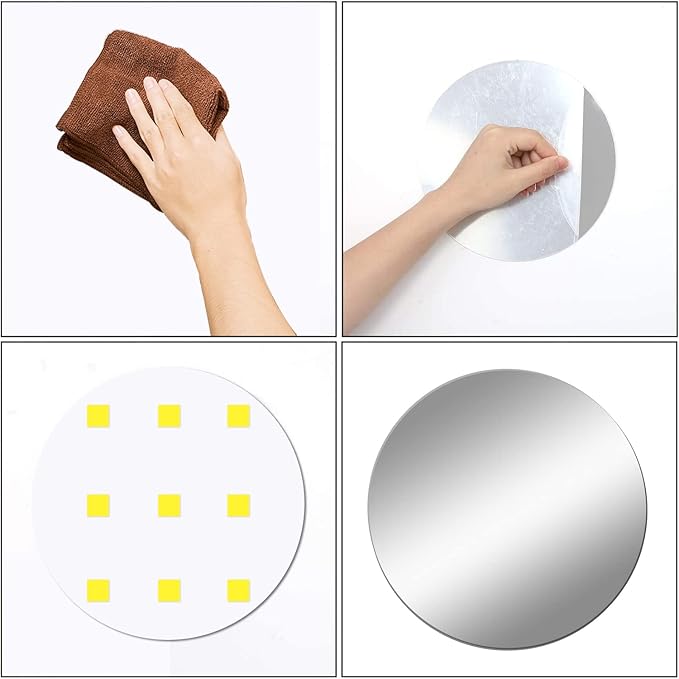 2Pcs 7.87" Round Wall Mirror Tile, Self Adhesive Non Glass Sticker Acrylic Disc, High Clear Circle Decorative for Bathroom, Bedroom, Door