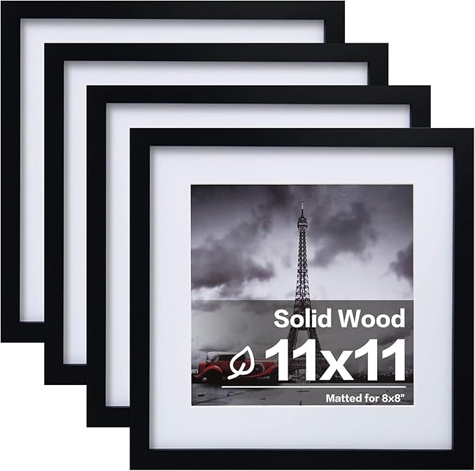 Egofine 11x11 Picture Frames 4 PCS, Made of Solid Wood Covered by Plexiglass for Pictures 4x4/8x8 with Mat for Table Top Display and Wall Mounting Square Photo Frame Black