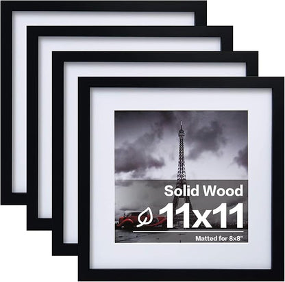 Egofine 11x11 Picture Frames 4 PCS, Made of Solid Wood Covered by Plexiglass for Pictures 4x4/8x8 with Mat for Table Top Display and Wall Mounting Square Photo Frame Black