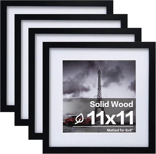 Egofine 11x11 Picture Frames 4 PCS, Made of Solid Wood Covered by Plexiglass for Pictures 4x4/8x8 with Mat for Table Top Display and Wall Mounting Square Photo Frame Black