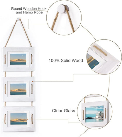 DLQuarts 5x7 Hanging Picture Frames Collage Wall Decor, 3-Opening Photo Frame 5x7 Without Mat & 3.5x5 with Mat, Rustic Wood 3-Frame, Vintage White