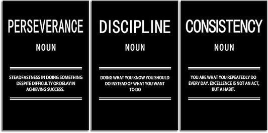 3 Panel Inspirational Canvas Perseverance Discipline Consistency Print Wall Art Motivational Poster Painting Modern Inspiring Artwork for Home Living Room Office Decor Ready to Hang [72''Wx 36''H]