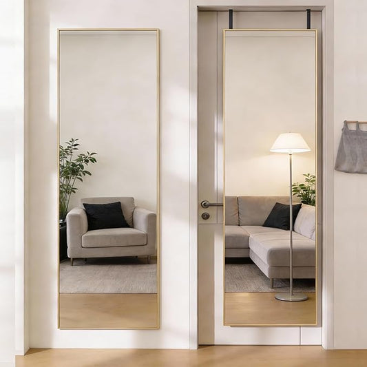 DUMOS 47x14 Full Length Mirror Over the Door, Wall Mounted Full Body Mirror, Door Hanging Metal Aluminum Alloy Frame Dressing Mirror for Bedroom, Living Room, Entryway, Gold