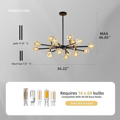 Modern Chandeliers for Dining Room, Black and Gold Crystal Ceiling Light Fixture for Living Room,16 Lights Large Sputnik Chandelier for High Ceilings Entryway,Kitchen Island,Foyer,Bedroom