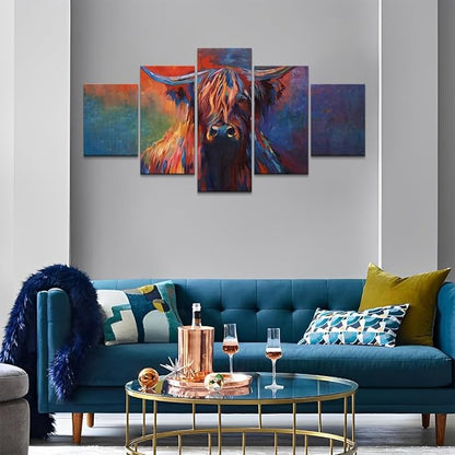 Highland Cow Canvas Wall Art Cow Pictures Modern Abstract Oil Painting on Canvas 5 Panels for Home Decor Living Room, Framed 60L x 32W