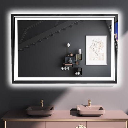Snowdool LED Bathroom Mirror, 48"X30" with Front and Backlit, Anti-Fog, Large Bathroom Vanity Mirror for Wall, Memory Function, Stepless Dimmable, Tempered Glass (Horizontal/Vertical)