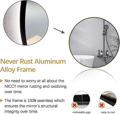Niccy 44" LED Backlit Round Mirror for Bathroom, Black Framed Vanity Light Wall Mirror LED Smart Circle Mirrors with 3 Lighting Colors, Dimmable Lighted Mirror with Anti-Fog, IP65 Waterproof
