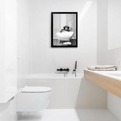 Monkey in Tub - Black and White Animals Wall Art - Framed Canvas Wall Art, Black Framed Picture for Bathroom Wall Decor, Chic Animal Art for Kid Room Wall