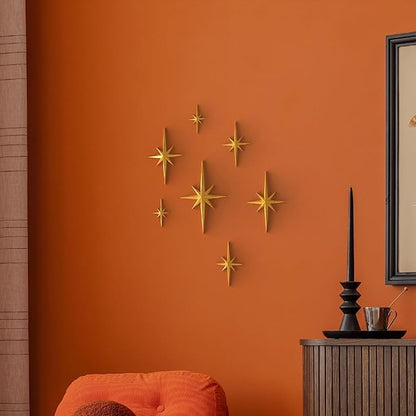 MidModArt 7PCS Mid Century Modern 3D Star Wall Art Gold Retro Starburst Sculptures Vintage Celestial Home Decor, Gold Starburst