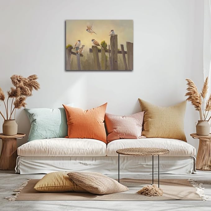 Bird Wall Art Birds Flying on The Wooden Fence Painting Decor Farmhouse Birds Canvas Art Print Pictures for Living Room Kitchen Home Office Decorations 24x32 inch