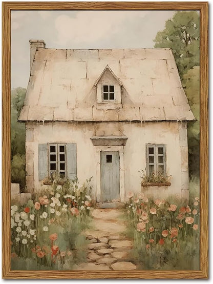 Vintage French Country Wall Art, Modern Farmhouse Wall Decor Painting, Rustic Cottage House Poster Canvas Prints Countryside Landscape Artwork for Bedroom Living Room 16x24 inch Wood Framed