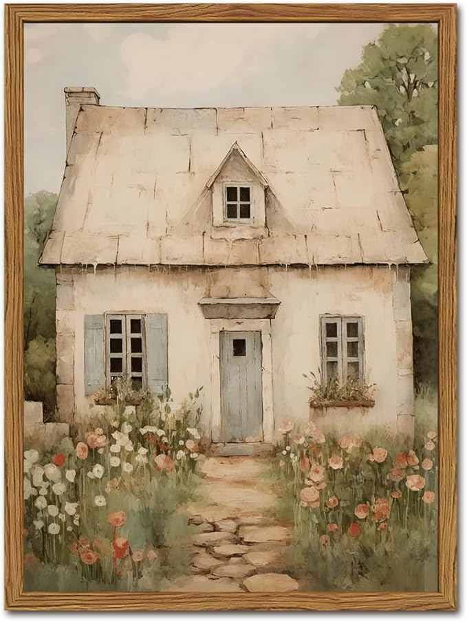 Vintage French Country Wall Art, Modern Farmhouse Wall Decor Painting, Rustic Cottage House Poster Canvas Prints Countryside Landscape Artwork for Bedroom Living Room 12x16 inch Wood Framed