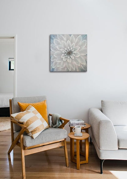 Waowumar Flowers Canvas Wall Art Blue and Gray Dahlia Pictures Contemporary Floral Textured Painting for Bedroom Living Room Decor