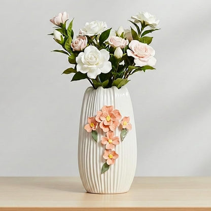 9 Inch White Flower Vase for Table, Modern Boho Ceramic Vases Home Decor, 3D Floral Textured Vase for Pampas Grass, Kitchen, Table, Bathroom, Fireplace Decor