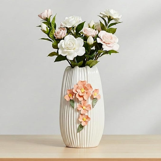 9 Inch White Flower Vase for Table, Modern Boho Ceramic Vases Home Decor, 3D Floral Textured Vase for Pampas Grass, Kitchen, Table, Bathroom, Fireplace Decor