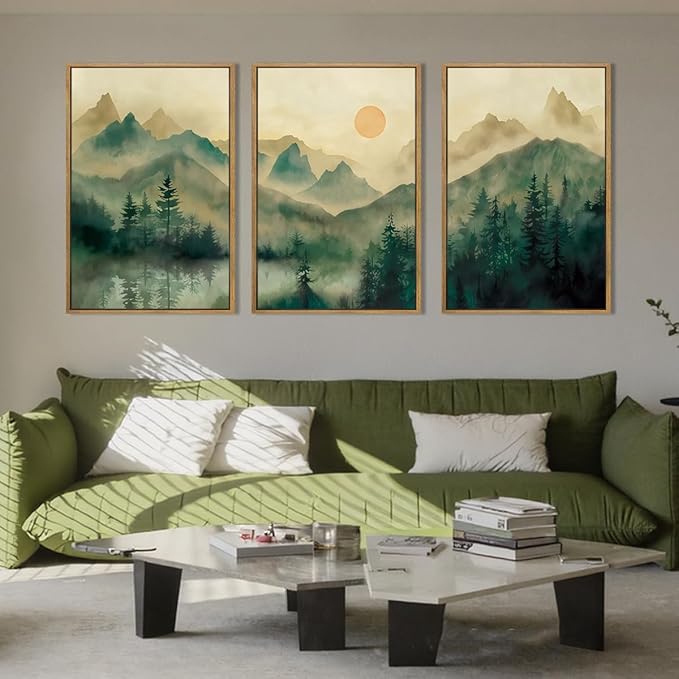 IARTTOP Extra Large Green Forest Wall Art 24x36 Inch Framed Foggy Mountain Canvas Art Prints Nature Landscape Wall Decor for Living Room Bedroom Office Set of 3