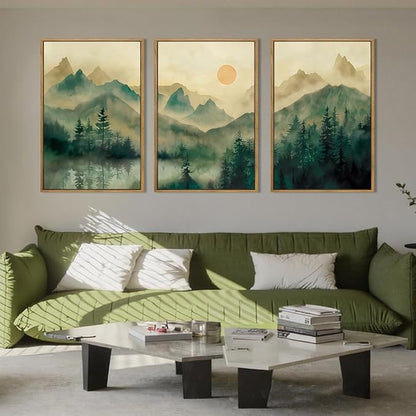 IARTTOP Extra Large Green Forest Wall Art 24x36 Inch Framed Foggy Mountain Canvas Art Prints Nature Landscape Wall Decor for Living Room Bedroom Office Set of 3