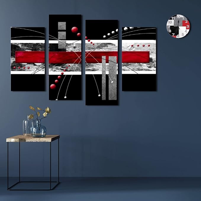 YPY Large Black Red Canvas Wall Art - 4 Panels Modern Abstract Picutre Set for Home Decoration - Contemporary Painting Artwork Ready to Hang Living Room Bedroom W64 x H46