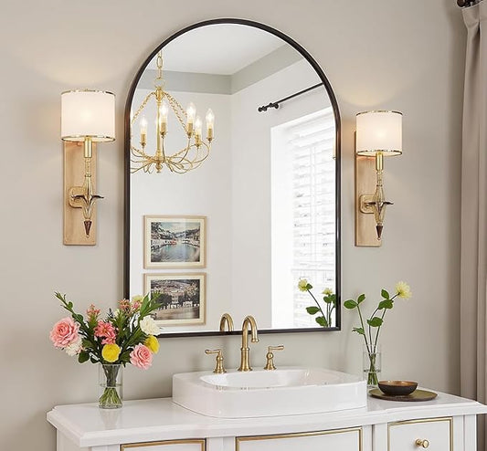 Dewfig Wall Mounted Mirror, 24"x36" Arched Wall Bathroom Mirror, Black Vanity Wall Mirror with Metal Frame, Modern & Contemporary Arch Top Wall Mirror for Bedroom, Entryway, Living Room, Black