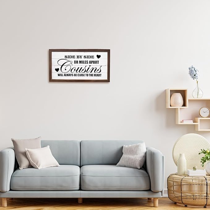 Family Wall Art, Rustic Farmhouse Home Decor for Living Room, Long Distance Gift for Cousins, Wooden Framed Wall Decor, Cousins Will Always Be Close To The Heart Sign, 15×7.5×0.3 inches