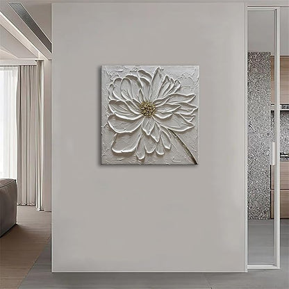 Slyart Hand Paintings 3D Floral Canvas Wall Art 24x24 Inches Abstract White Flower Paintings Modern Contemporary Texture Wall Art White Artwork for Home Decorations