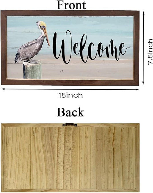 Pelican Welcome Sign, Framed Wood Signs, Welcome Sign for Farmhouse Porch Wall, Front Door Decors for Home, Rustic Hanging Decor, Wooden Framed Wall Decor 15×7.5×0.3 inches