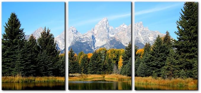 Pacimo 3 Pieces Canvas Art Wall Decor Grand Teton National Park Pictures Natural Landscape Painting Pond Prints on Canvas Modern Artwork Stretched and Framed Ready to Hang - 20"x28"x3 Panels