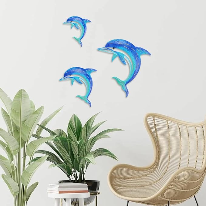 Dolphin Wall Decor Metal Fish Wall Decor Sea Coastal Outdoor Wall Art Metal Beach Ocean Decor For Bathroom Indoor Garden Yard Pool Outdoor Patio Kitchen (3 Pcs)