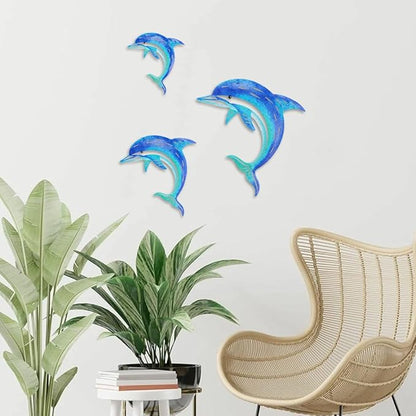 Dolphin Wall Decor Metal Fish Wall Decor Sea Coastal Outdoor Wall Art Metal Beach Ocean Decor For Bathroom Indoor Garden Yard Pool Outdoor Patio Kitchen (3 Pcs)