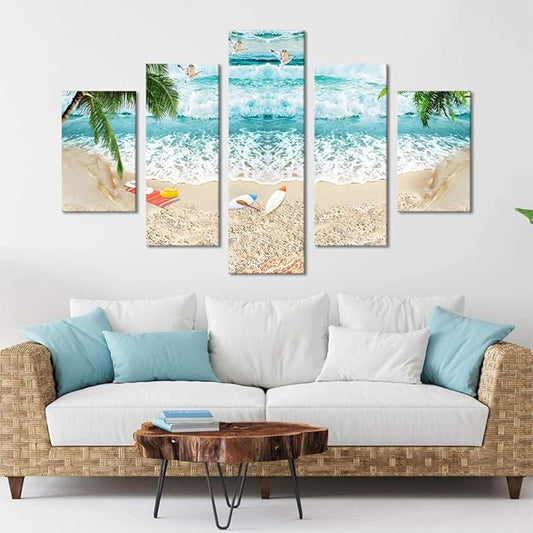 Surfing Waves Beach Picture Paintings Canvas Wall Art for Living Room Bedroom Home Decor Prints and Posters Modern Seascape Landscape 5 Panels Framed Stretched Gallery Wrap Giclee (60''W x 40''H)