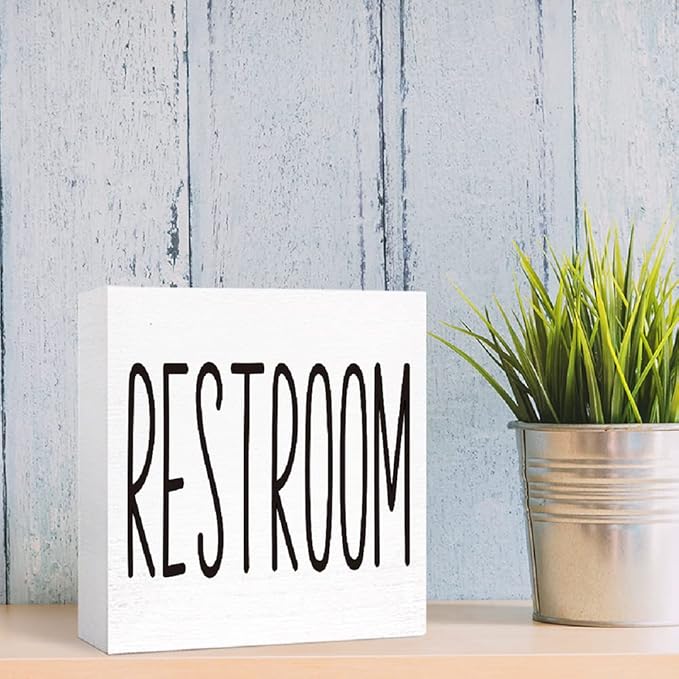 SJNH Funny Bathroom Wood Sign, Rustic Farmhouse Style, 5"x5", White, Tabletop Display, Humor Theme