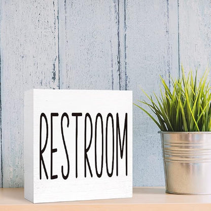SJNH Funny Bathroom Wood Sign, Rustic Farmhouse Style, 5"x5", White, Tabletop Display, Humor Theme