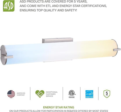 ASD LED 24" Vanity Wall Mount Light Fixture, Linear Bathroom Lighting Bar | 3CCT, Dimmable, Energy Star, ETL Listed | 25W 1950LM 3000-5000K 120V | Long Tube Bath Sconce Over Mirror | Nickel