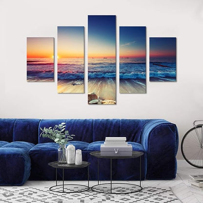Beautiful Enlarge 5 Piece Sunset Beach Waves Landscape Artwork Pictures Painting on Canvas Wall Art for Living Room Prints and Posters for Home Decorations Wall Decor Set Framed (60’’W x 40’’H)