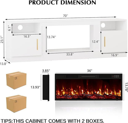 Lemberi Fireplace TV Stand with 36" Electric Fireplace, Fits TVs Up to 80", 70" LED Lit Entertainment Center, Modern High Gloss Wood with Spacious Storage Cabinet for Living Room, White