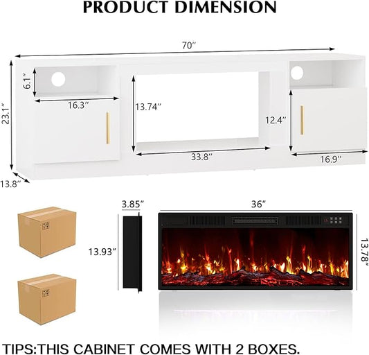 Lemberi Fireplace TV Stand with 36" Electric Fireplace, Fits TVs Up to 80", 70" LED Lit Entertainment Center, Modern High Gloss Wood with Spacious Storage Cabinet for Living Room, White