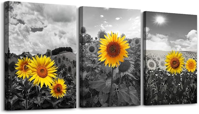 Canvas Wall Art - Family Wall Decor, Kitchen & Bedroom - Black & White Pastoral Scenery - Sunflower Flowers - 16x12, 3 Piece