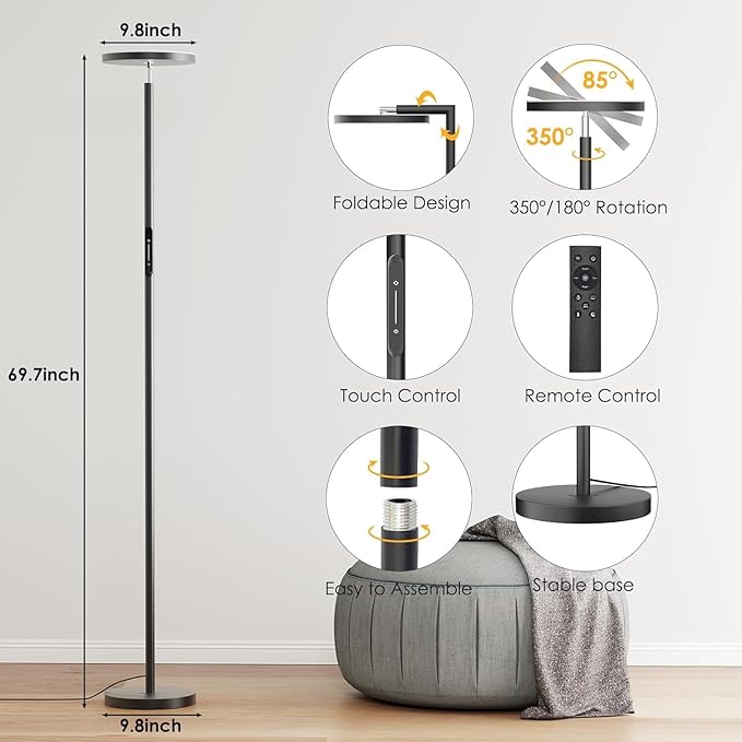 Super Bright LED Floor Lamp, Torchiere Floor Lamp with Remote & Touch Control, 4 Color Temps and 32W 3000LM, 69" Tall Standing Lamp with 350°Rotating Head, Dimmable Floor Lamps for Living Room Bedroom