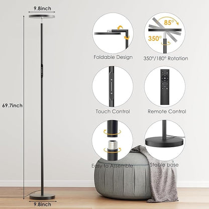Super Bright LED Floor Lamp, Torchiere Floor Lamp with Remote & Touch Control, 4 Color Temps and 32W 3000LM, 69" Tall Standing Lamp with 350°Rotating Head, Dimmable Floor Lamps for Living Room Bedroom