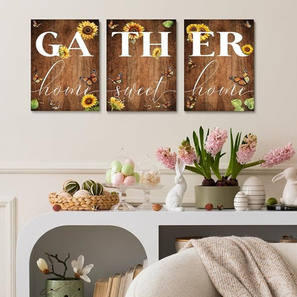 GUBIYU Rustic Farmhouse Dining Room Decor Cute Gather Signs - 'Home Sweet Home' Wall Decor with Sunflower Butterfly Design - 20"x28"