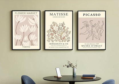 MINI ZOZI Matisse Wall Art Flower Market Prints 16X24 3PCS Picasso Wall Decor Large Canvas Beige Posters Trendy Funky Aesthetic Abstract Line Minimalist Poster Danish Pastel Painting Bedroom Printing