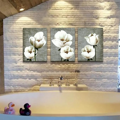 Lapremoly Canvas Wall Art For Bedroom Room Modern Wall Decor For Living Room Gray Green Vintage Style Wall Painting Artwork White Flowers Abstract Pictures 3 Panels Ready To Hang Kitchen Home Decor
