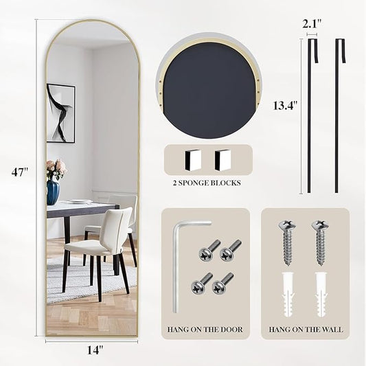 DUMOS Full Length Mirror 47x14 Inches - Arched Full Body Door Hanging Wall Mounted Aluminum Alloy Frame Mirror for Bedroom, Dressing Room, Entryway, Gold