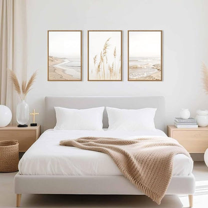 HPNIUB Modern Beach Waves Framed Wall Art Set,Seaside Reed Pathway Wall Decor,Minimalist Neutral Coastal Landscape Printing,Boho Seascape Nature Artwork for Living Room, Bedroom,Bathroom-16''x24''x3
