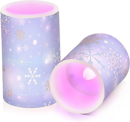 Christmas Lights Decorations Flameless Candles Christmas Silver Snowflake Pillar Candles Set of 2 Battery Operated Remote Control Warm Lights