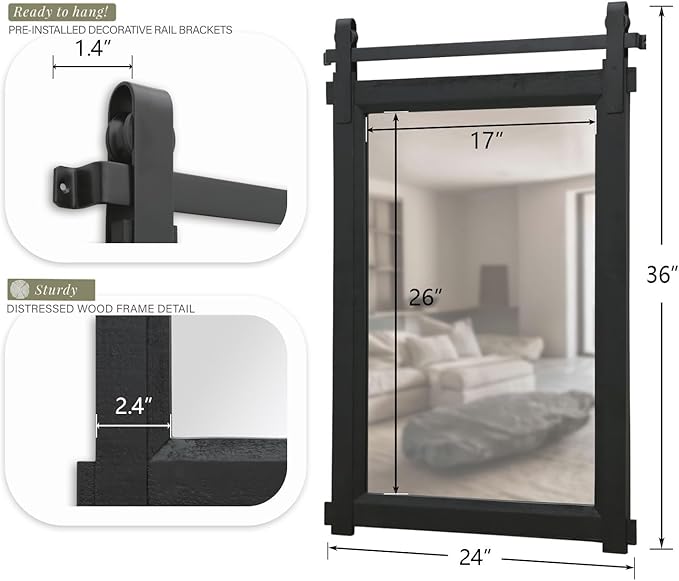 Besdomus Black Bathroom Farmhouse Mirror: 24"x36" Barn Door Rustic Solid Cedar Wood Frame - Wall Vanity Mirror for Bathroom Over Sink/Entryway/Living Room - Home Decor for Modern Farmhouse Enthusiast