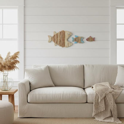 Driftwood Fish 3-in-1 Nautical Wall Decor - Handmade Wooden Rustic Coastal Wall Art for Living Room, Bedroom, Office, Bathroom - Ocean Beach Decoration (Skelly)