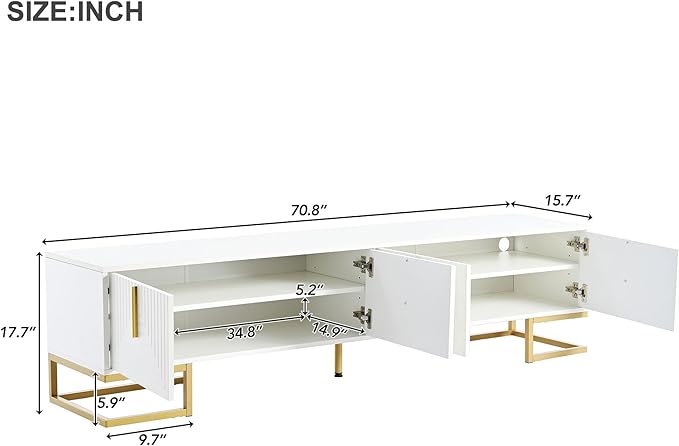 Merax Modern TV Stand with Metal Legs, Gold Handles, Geometric Lines and Adjustable Shelves for TVs Up to 80'', Media Console Table, Luxury Storage Cabinets for Living Room, White