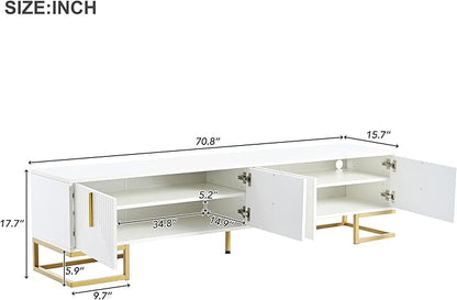 Merax Modern TV Stand with Metal Legs, Gold Handles, Geometric Lines and Adjustable Shelves for TVs Up to 80'', Media Console Table, Luxury Storage Cabinets for Living Room, White